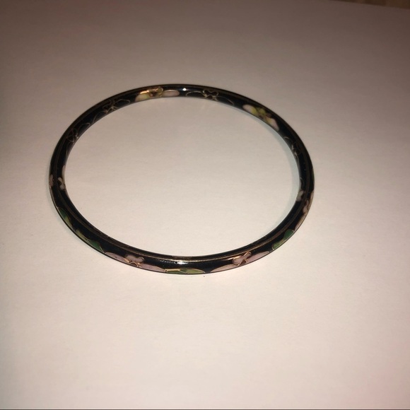 VTG Chinese Cloisonné Enamel Floral Pink Flower Green Leaves Black Bangle 8” - Picture 3 of 4